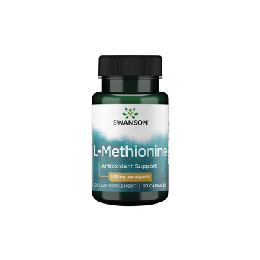 Swanson L-methionine 500 mg, 30 capsules, provides antioxidant support and helps with amino acid and protein synthesis.